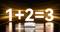 « 1+2=3 » brille en blanc sur un fond orangé lumineux. En dessous, un ordinateur compact avec plusieurs ports USB est visible.