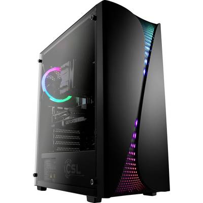 « Un boîtier d'ordinateur gaming élégant et noir avec un panneau latéral transparent révélant un éclairage RGB interne et une carte graphique visible. »