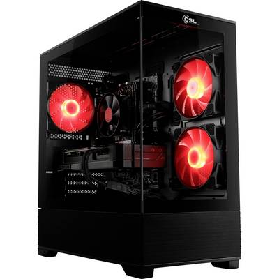 Une tour d'ordinateur de gaming noir avec un panneau latéral transparent révélant les composants internes, comprenant des ventilateurs de refroidissement rouges éclairés et une carte graphique.