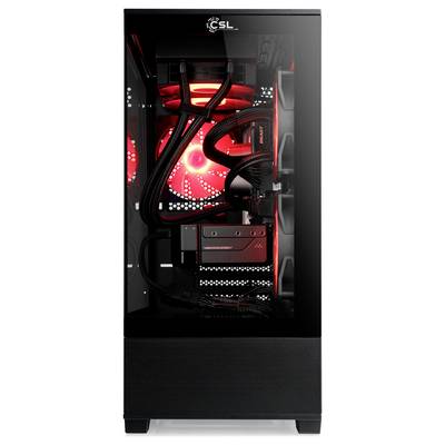Un ordinateur de bureau gaming avec des composants internes visibles montrant un éclairage LED, un système de refroidissement et une carte graphique à l'intérieur d'un boîtier transparent.
