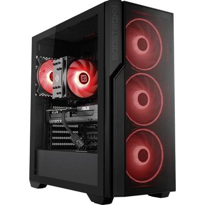 Un PC gaming doté d'un panneau latéral transparent affiche trois ventilateurs rouges à l'avant et un à l'intérieur, avec des composants matériels visibles.
