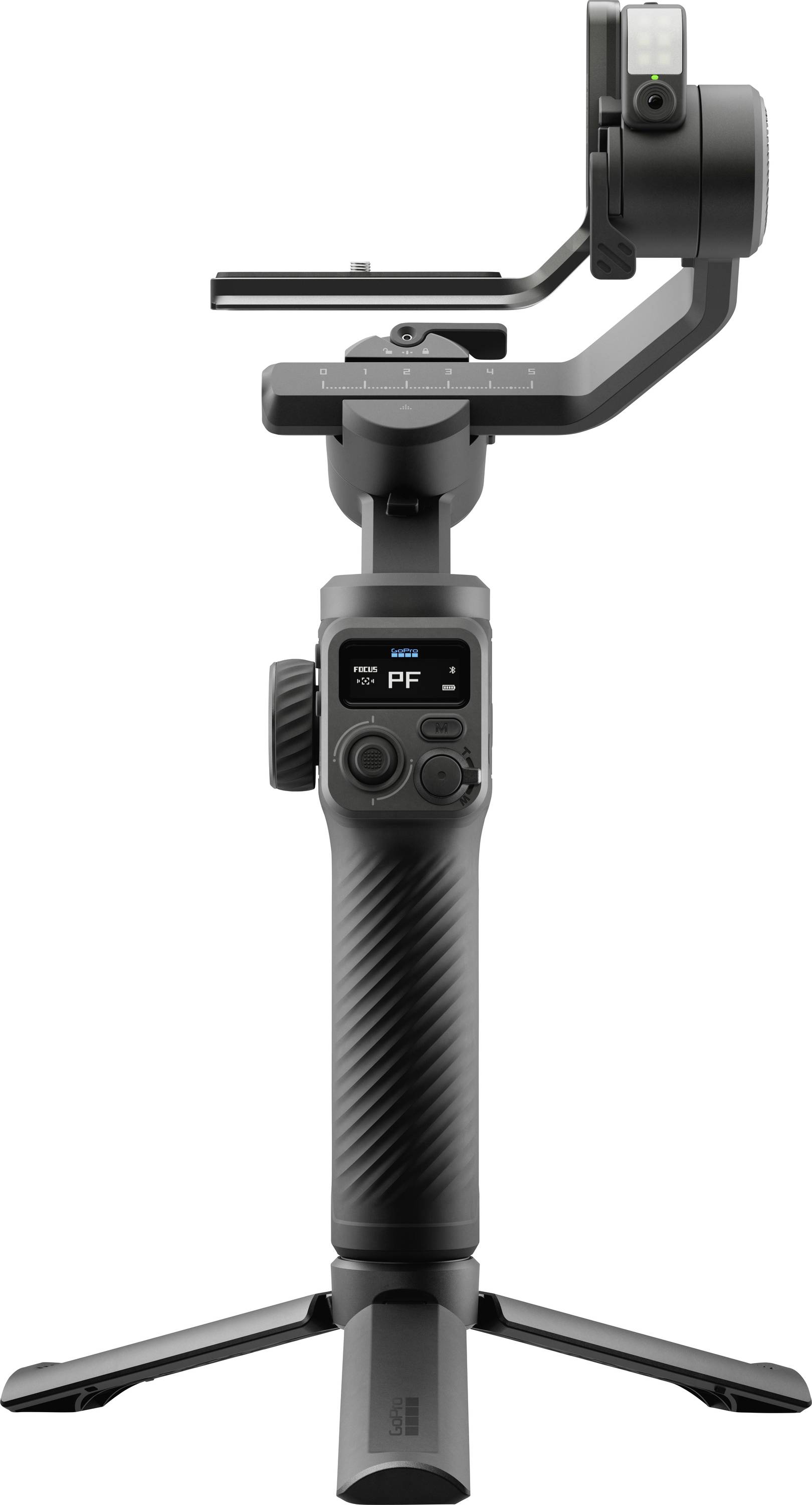 Un stabilisateur de caméra portable noir avec un petit écran d'affichage, des boutons réglables et une base trépied, conçu pour stabiliser la capture vidéo.