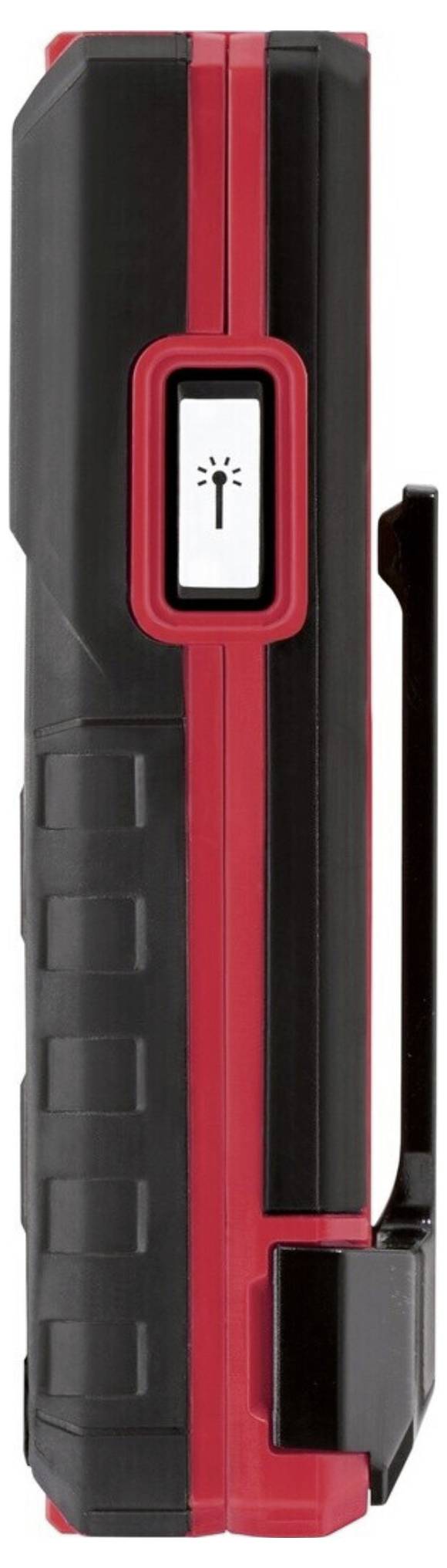 Une lumière de travail rouge et noire avec un bouton marche/arrêt affichant une icône d'ampoule, dotée d'un clip sur le côté pour la fixation.