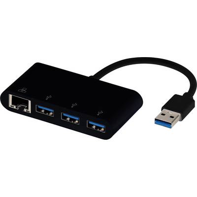 Un hub USB noir avec un câble connecté dispose de trois ports USB 3.0 et d'un port Ethernet, conçu pour élargir les options de connectivité.