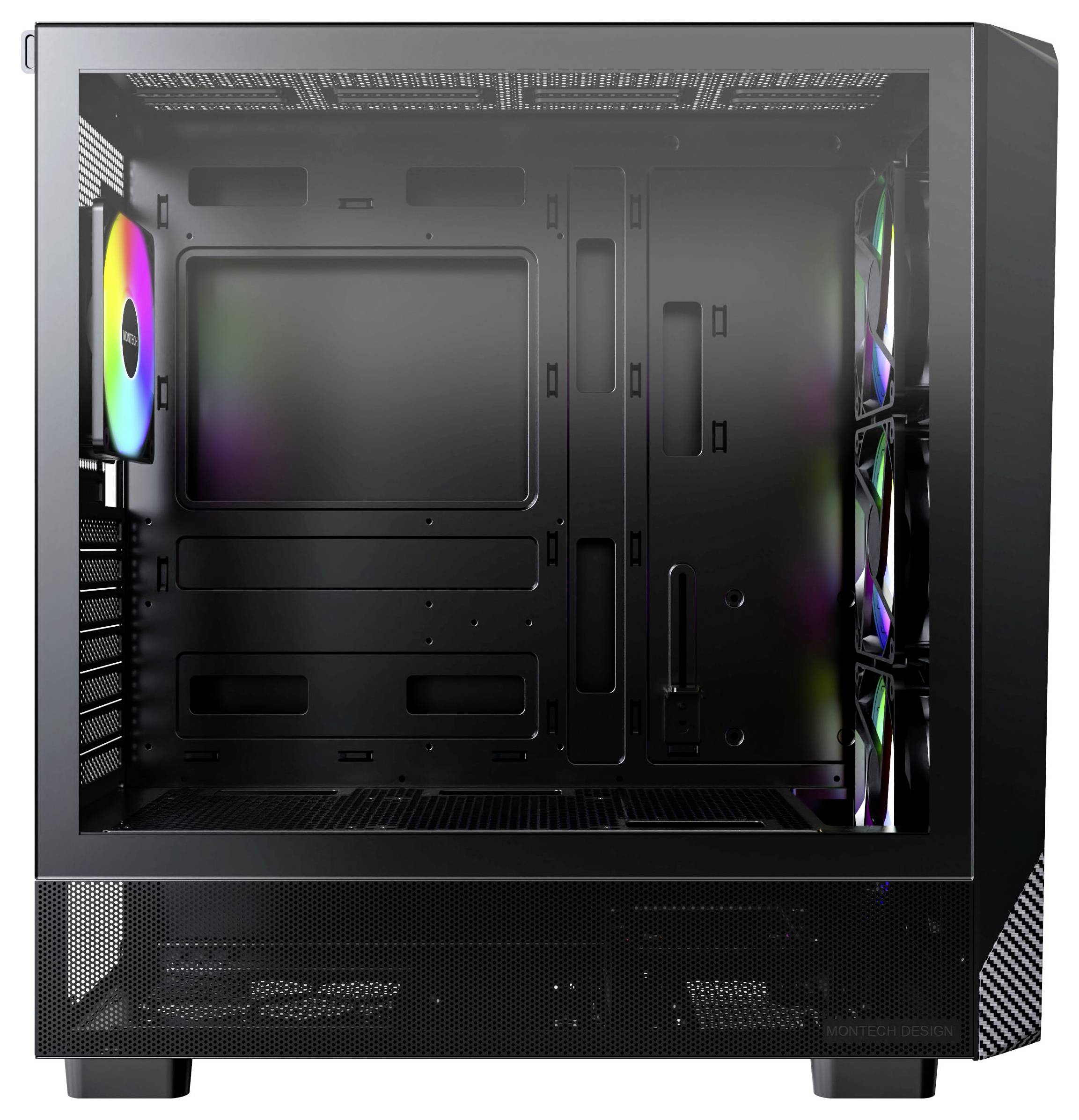 Un boîtier d'ordinateur noir avec un intérieur vide, montrant des emplacements pour les composants, un panneau en maille à la base, et des ventilateurs éclairés par RGB sur le côté.