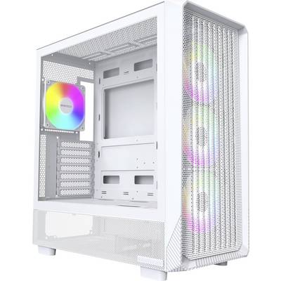 Un boîtier d'ordinateur blanc avec un panneau avant en maille, une vitre trempée sur le côté et des ventilateurs RGB internes, affichant des couleurs arc-en-ciel à l'intérieur.