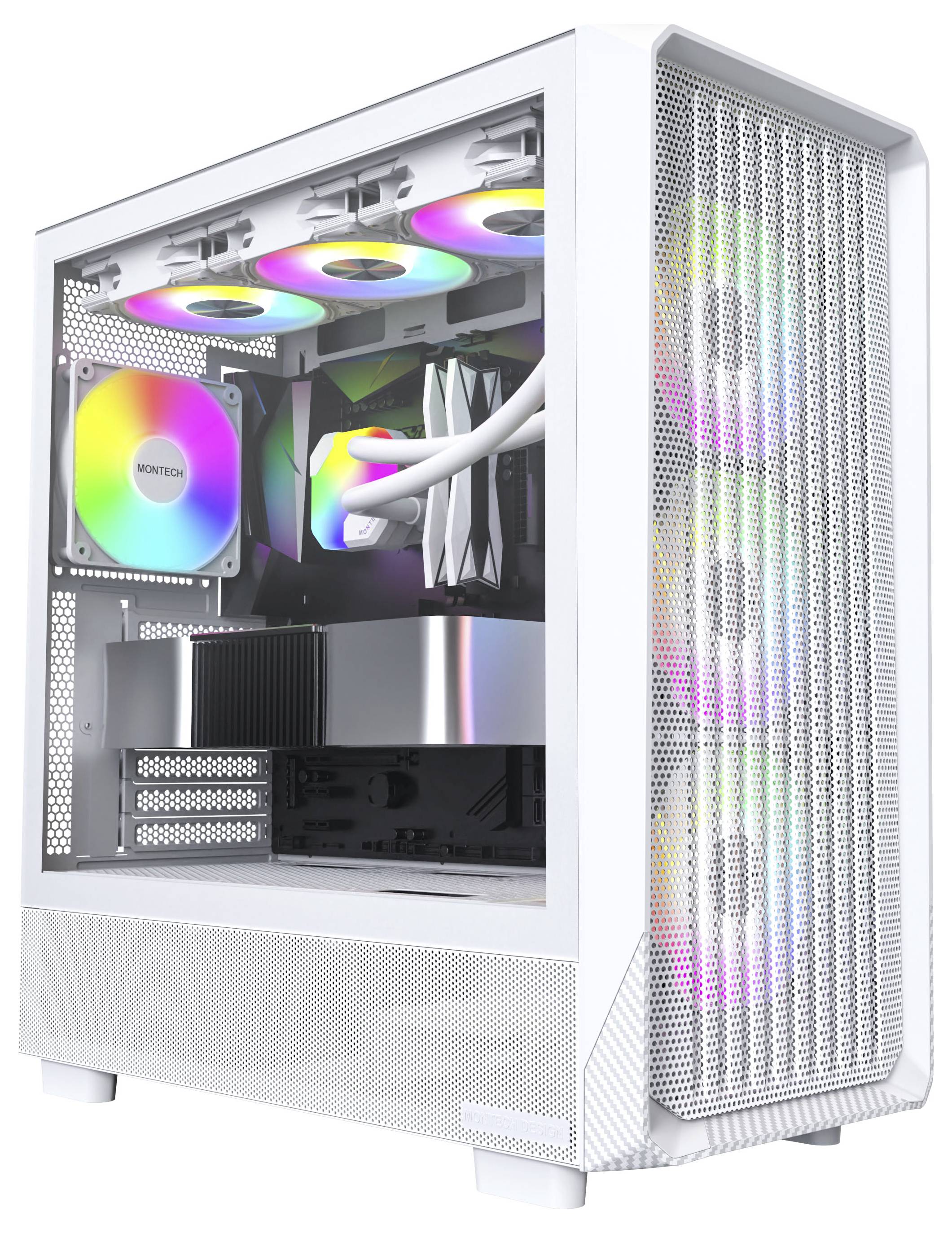 Un boîtier d'ordinateur gaming élégant en blanc avec un éclairage RVB sur les ventilateurs, visible à travers un panneau en verre ; met en valeur un design moderne et des composants technologiques.