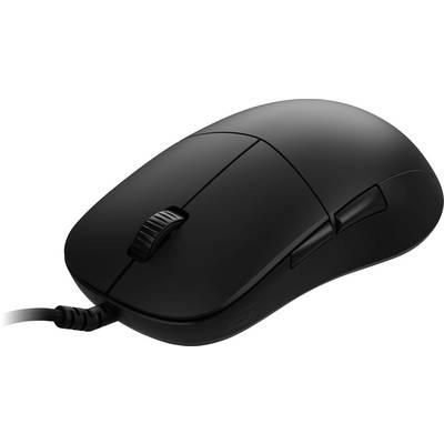 Une souris d'ordinateur noire avec une molette de défilement et deux boutons est connectée par un câble sur un fond blanc uni.
