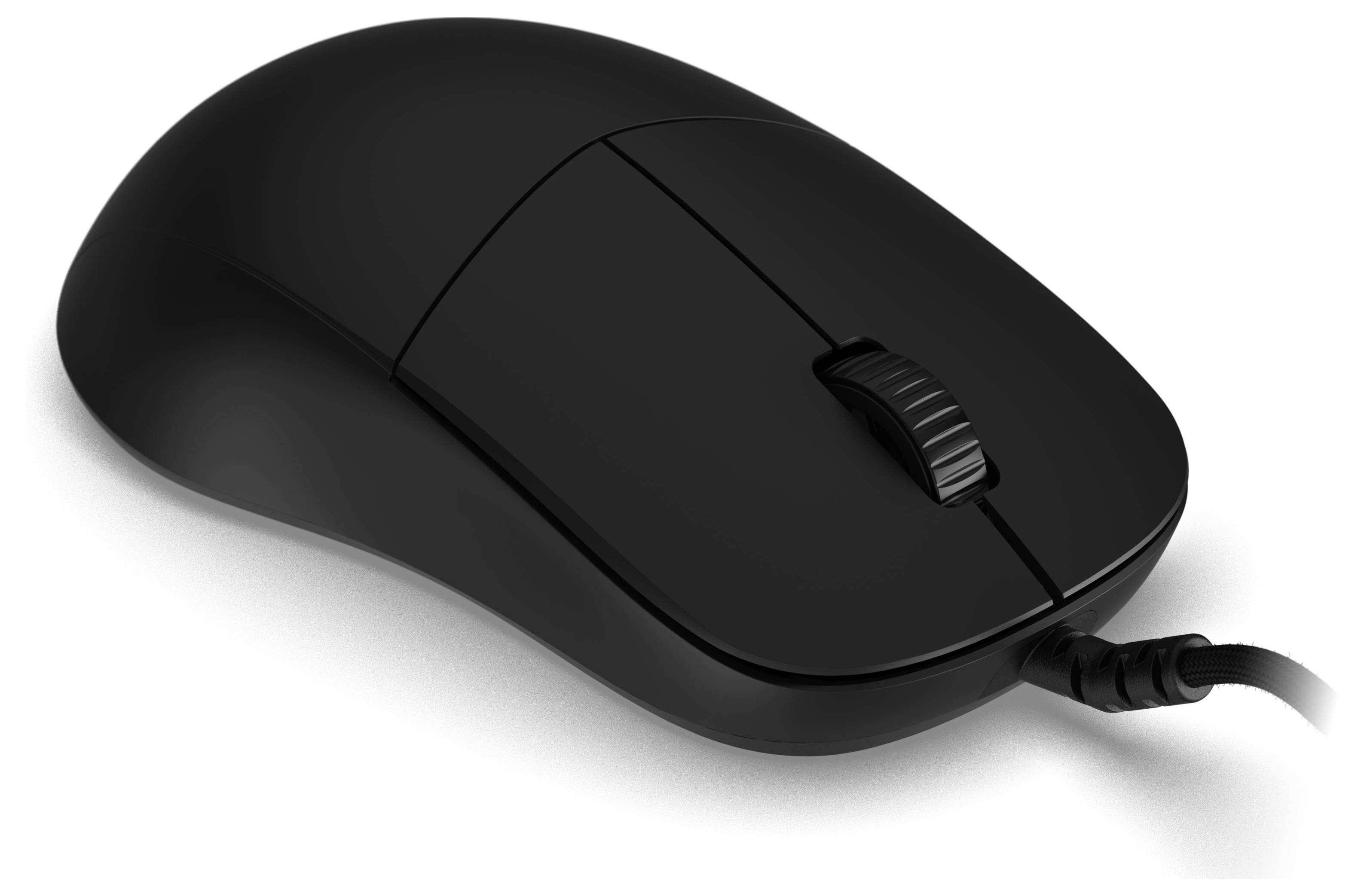 Une souris d'ordinateur noire avec une molette de défilement et deux boutons, connectée via un câble. Elle est positionnée face à l'observateur.