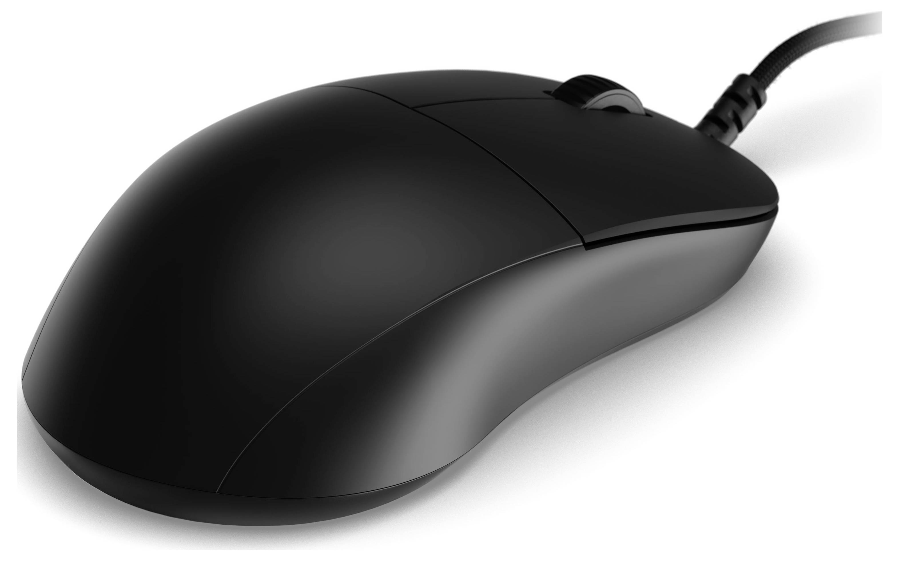 Une souris d'ordinateur noire et élégante avec un câble attaché, dotée d'une molette de défilement et de deux boutons.