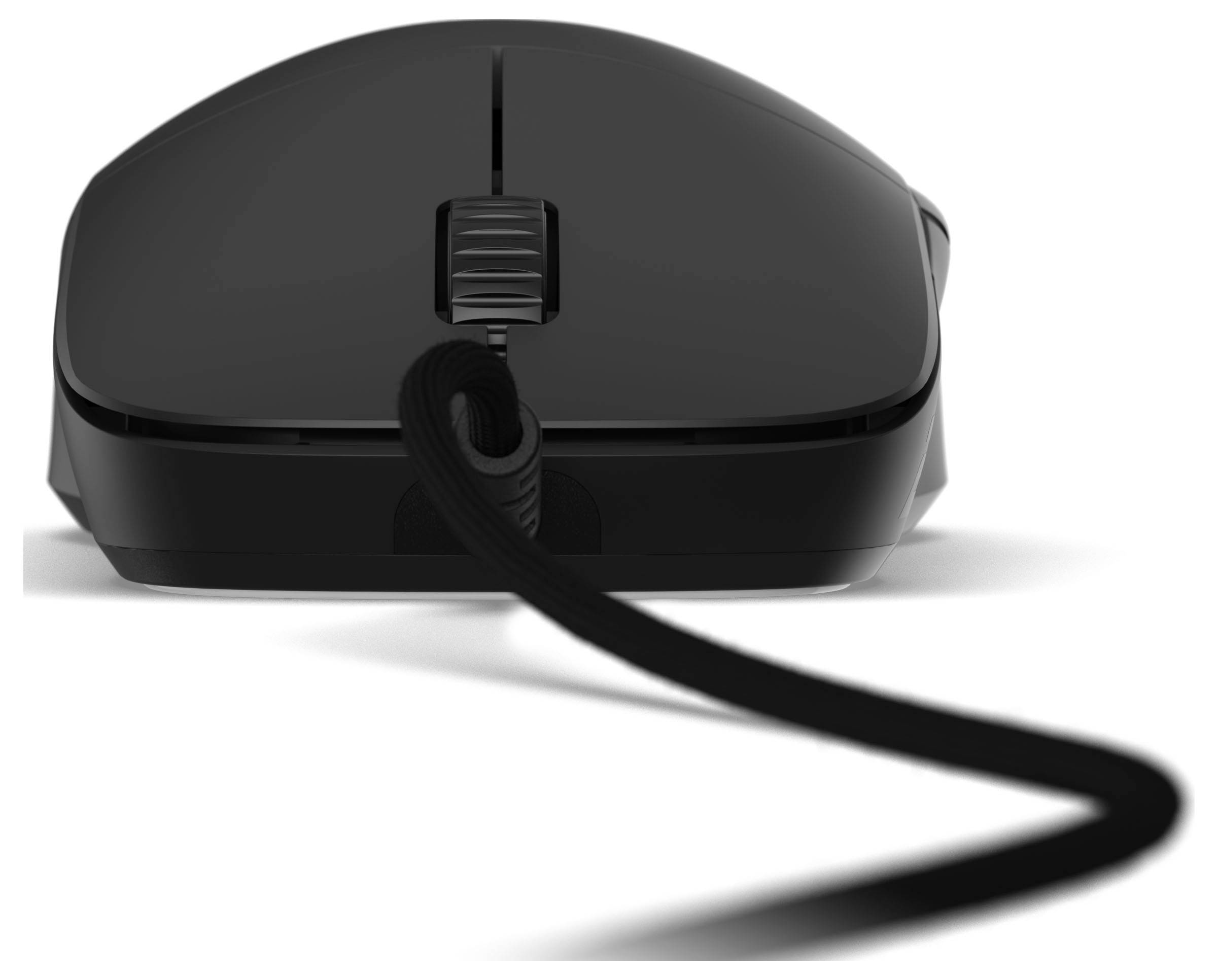 Une souris d'ordinateur noire filaire vue de face, montrant sa molette de défilement et son câble s'étendant vers le spectateur.