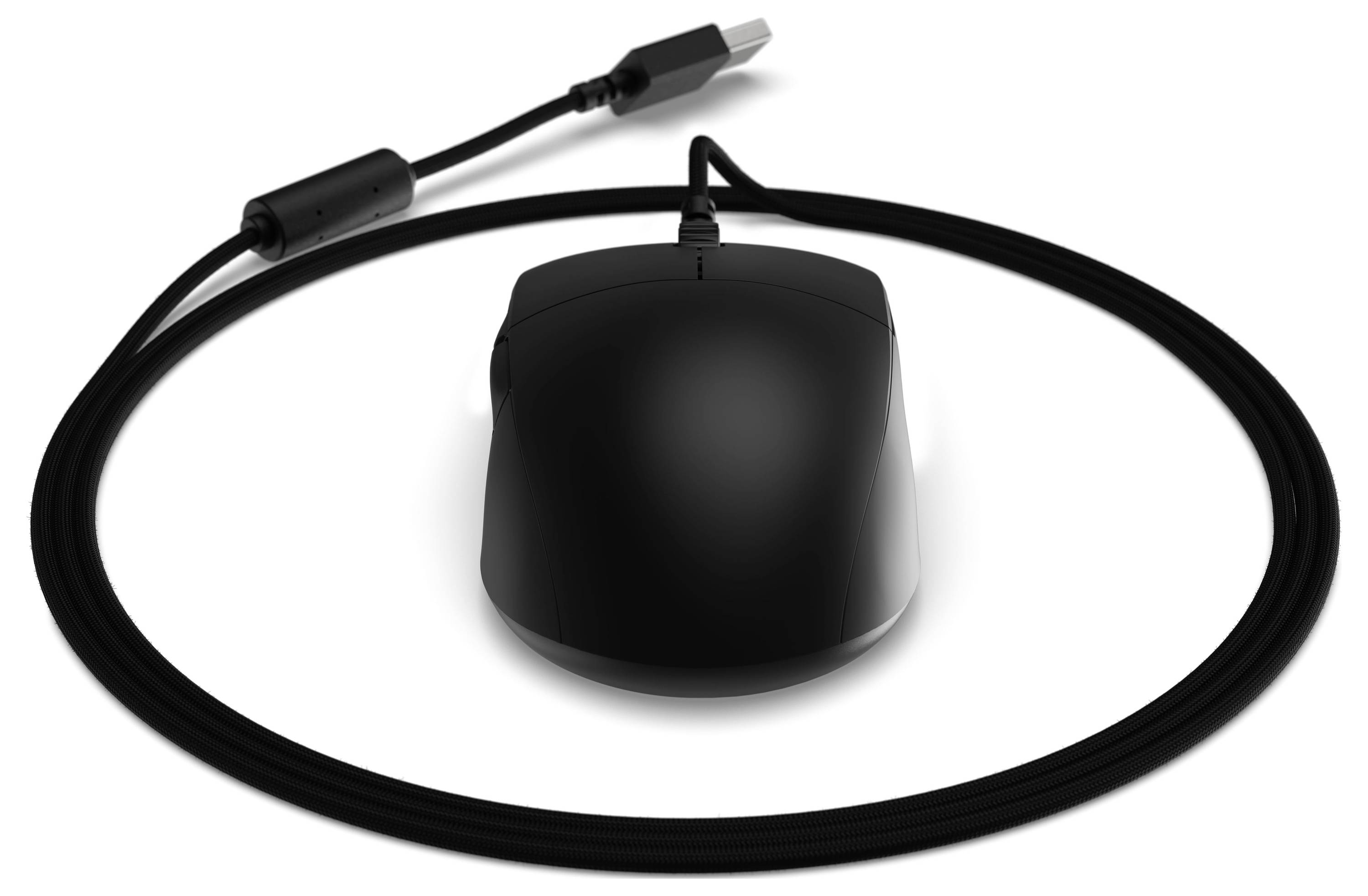 Une souris d'ordinateur filaire noire avec un long câble, s'étendant vers le haut et formant une boucle.