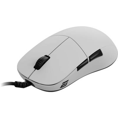 Une souris d'ordinateur blanche avec des boutons noirs et un cordon, présentant un design épuré et un logo sur le côté.