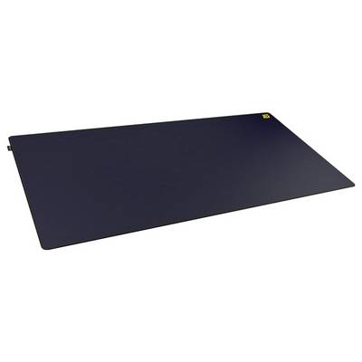 Un grand tapis de bureau rectangulaire sombre avec un petit logo jaune dans un coin, conçu pour protéger les surfaces et offrir un espace de travail.