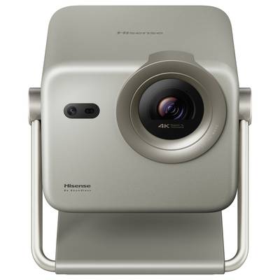 Un projecteur Hisense compact et métallique étiqueté '4K' avec support réglable, adapté aux présentations vidéo haute résolution et au cinéma maison.