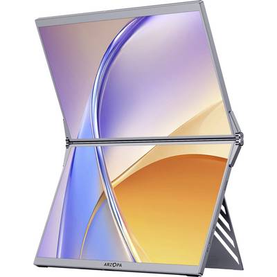 Un écran pliable élégant affichant un design abstrait dans des teintes de bleu et orange, mettant en avant la flexibilité de l'appareil et la technologie moderne.