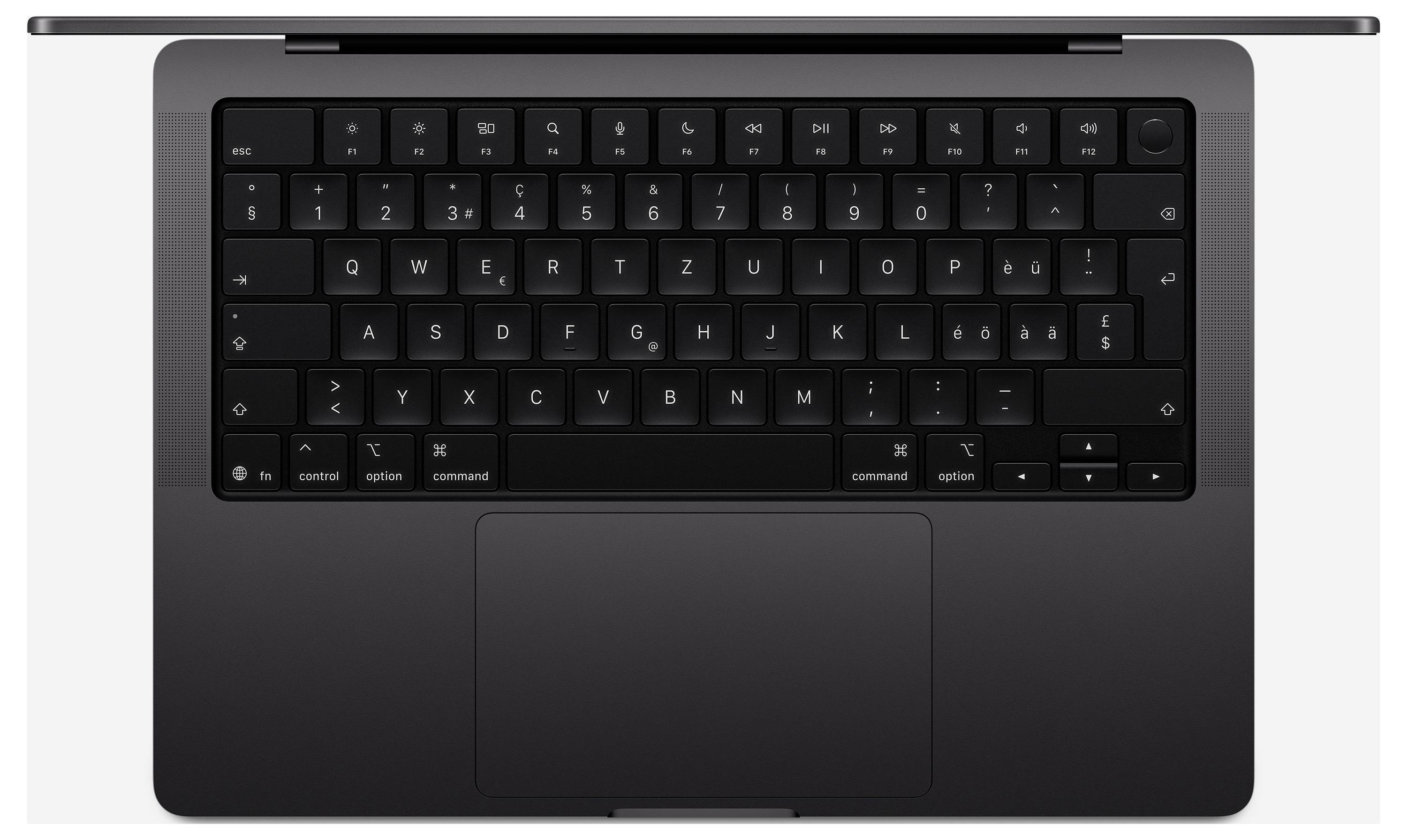 Un clavier d'ordinateur portable ouvert avec des touches noires, portant des symboles de lettres blancs. Pavé tactile en bas, écran non visible.