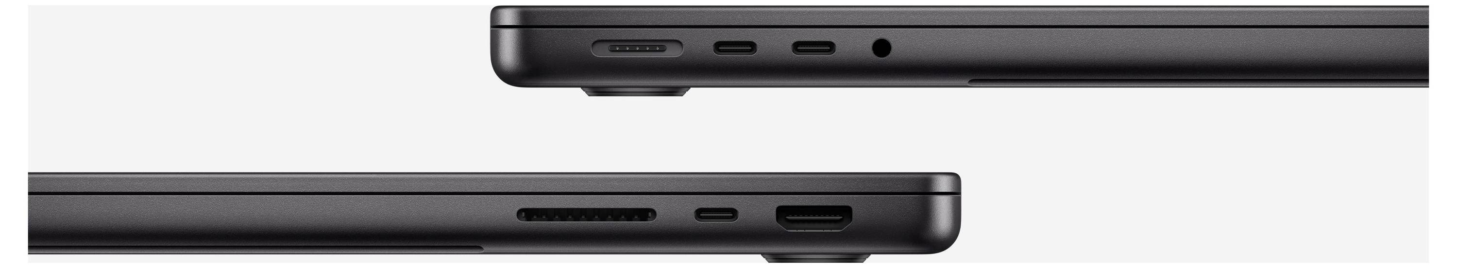 Deux ordinateurs portables présentés de côté, montrant différents ports, y compris USB et la prise casque.
