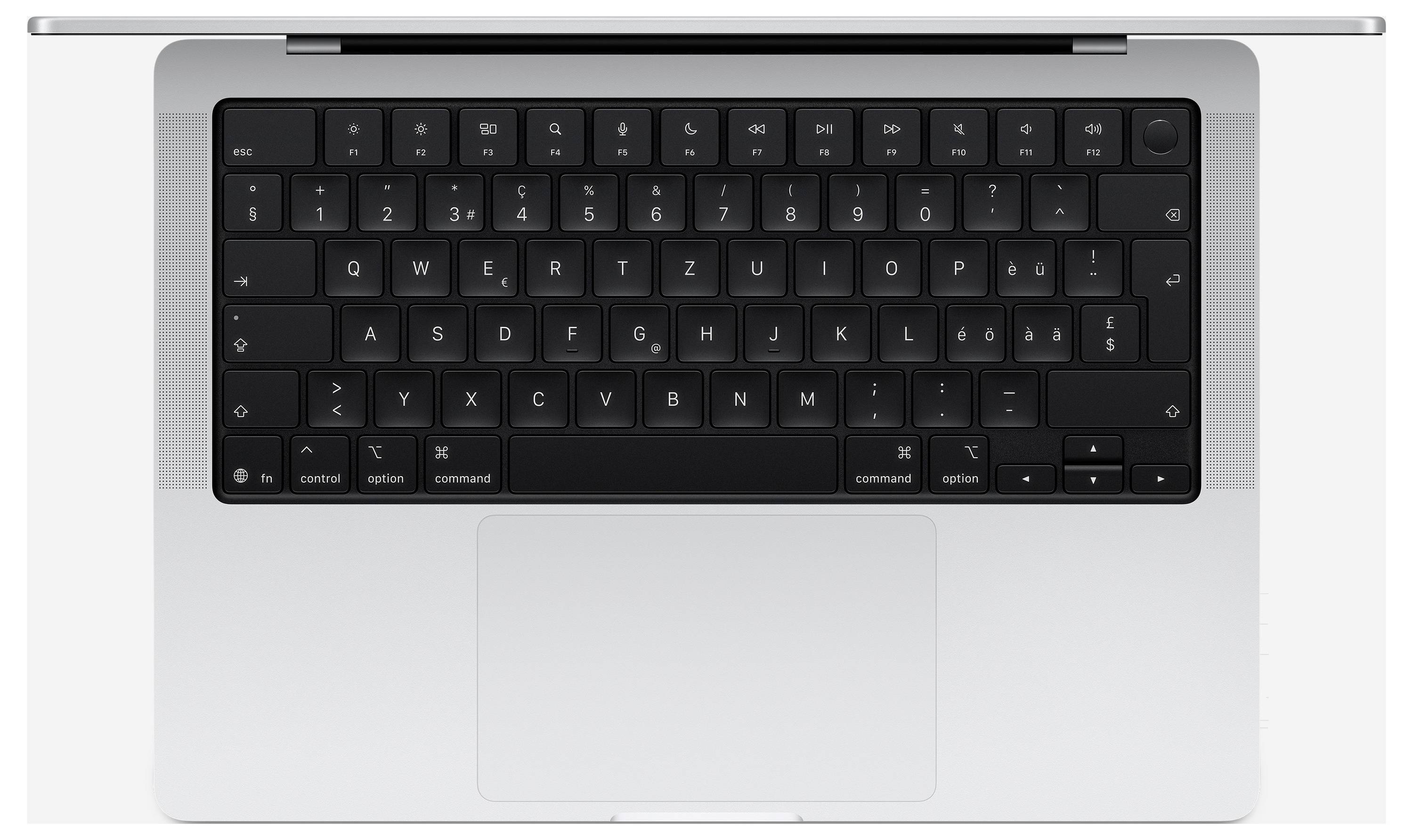 Ordinateur portable vu de dessus avec un clavier noir et un grand pavé tactile. L'appareil est argenté et présente une disposition de clavier standard.