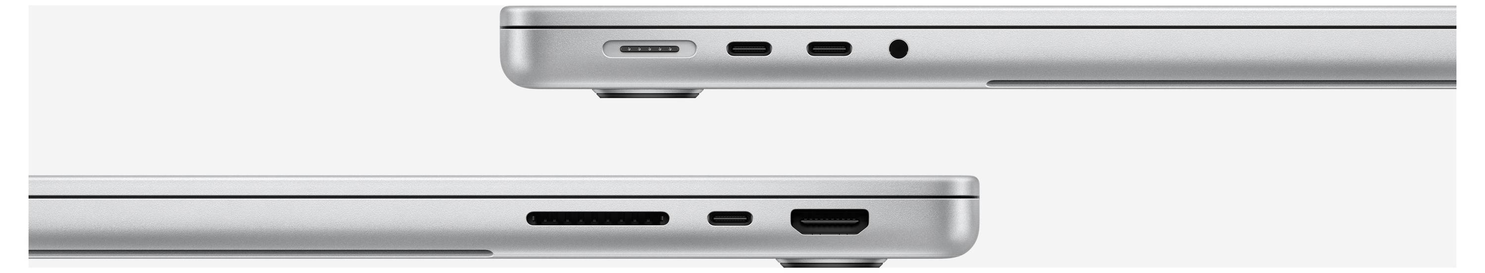 Deux profils d'un ordinateur portable montrent la vue latérale avec différents ports, dont USB-C, HDMI et une prise casque.