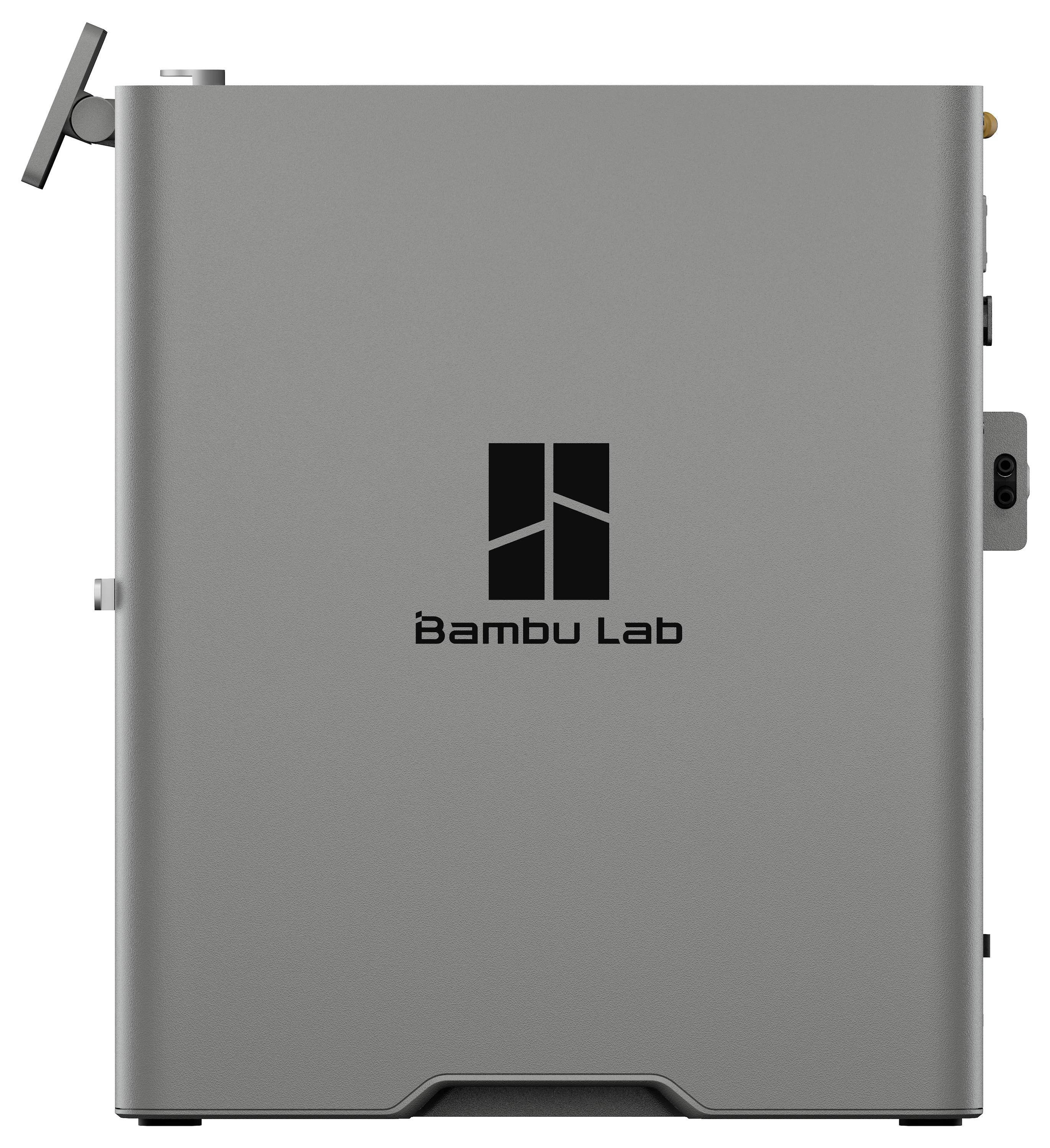 Une imprimante 3D compacte grise avec le logo 'Bambu Lab' sur le côté, présentant un design vertical et un support de bobine sur le dessus.
