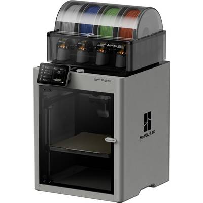 Une imprimante 3D avec un écran tactile et un espace de stockage de filaments sur le dessus, contenant des bobines multicolores prêtes à être utilisées pour l'impression. La partie supérieure indique « Bambu Lab ».
