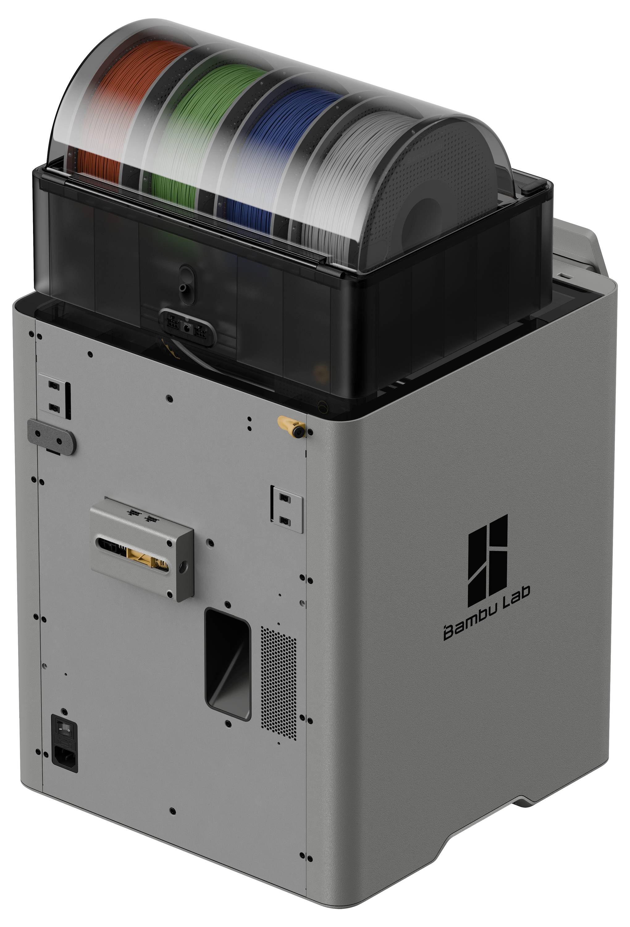 Un support de bobine de filament pour imprimante 3D avec plusieurs bobines de filaments de différentes couleurs, étiqueté 'Bambu Lab', conçu pour un rangement efficace et organisé.