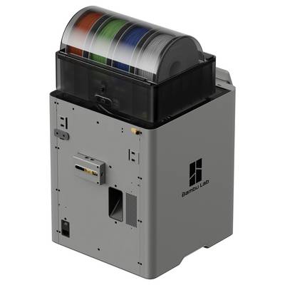 Un support de bobine de filament pour imprimante 3D avec plusieurs bobines de filaments de différentes couleurs, étiqueté 'Bambu Lab', conçu pour un rangement efficace et organisé.