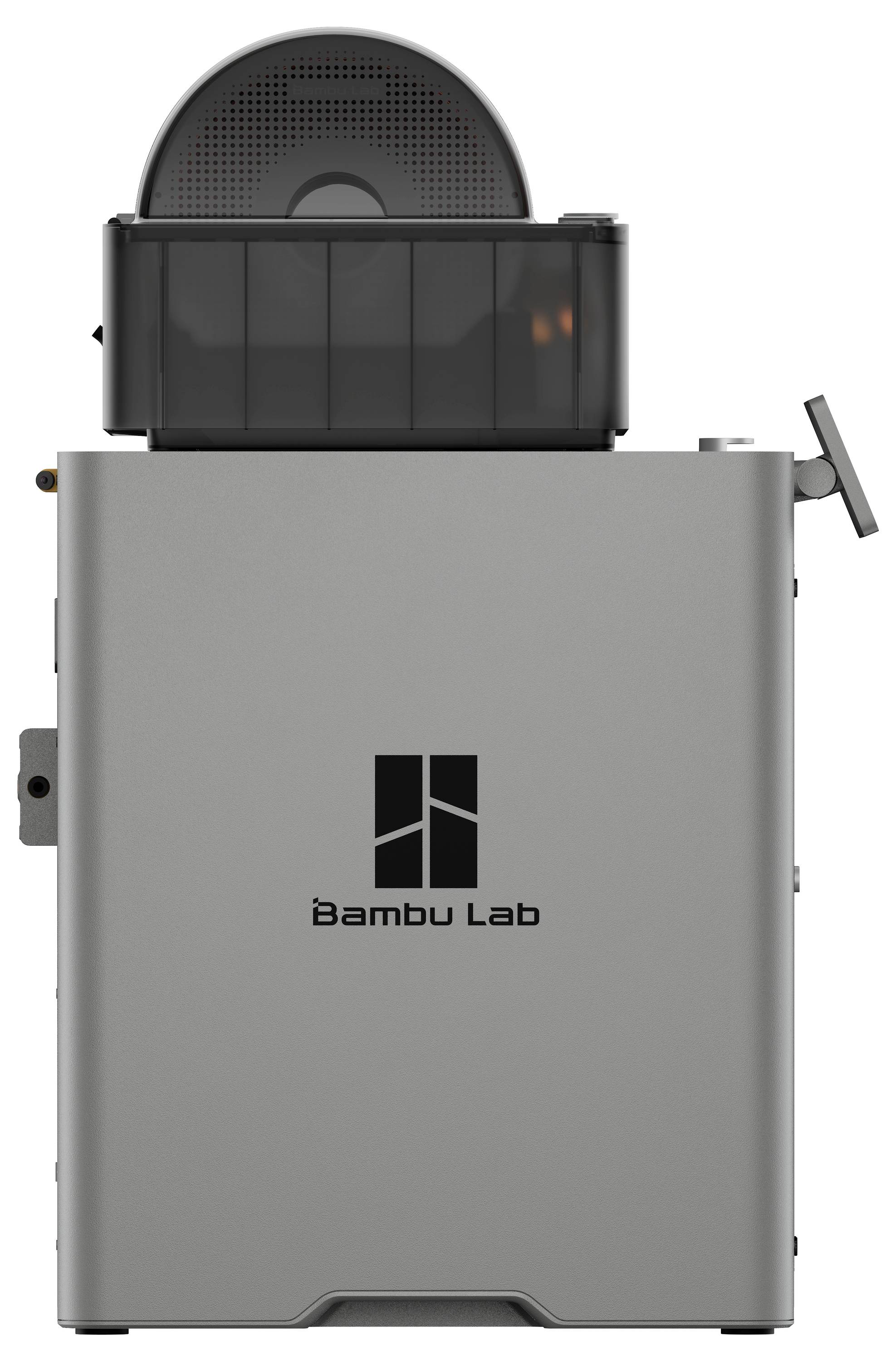 Imprimante 3D de marque 'Bambu Lab' vue de côté avec une bobine de filament sur le dessus, présentant un design élégant et compact.