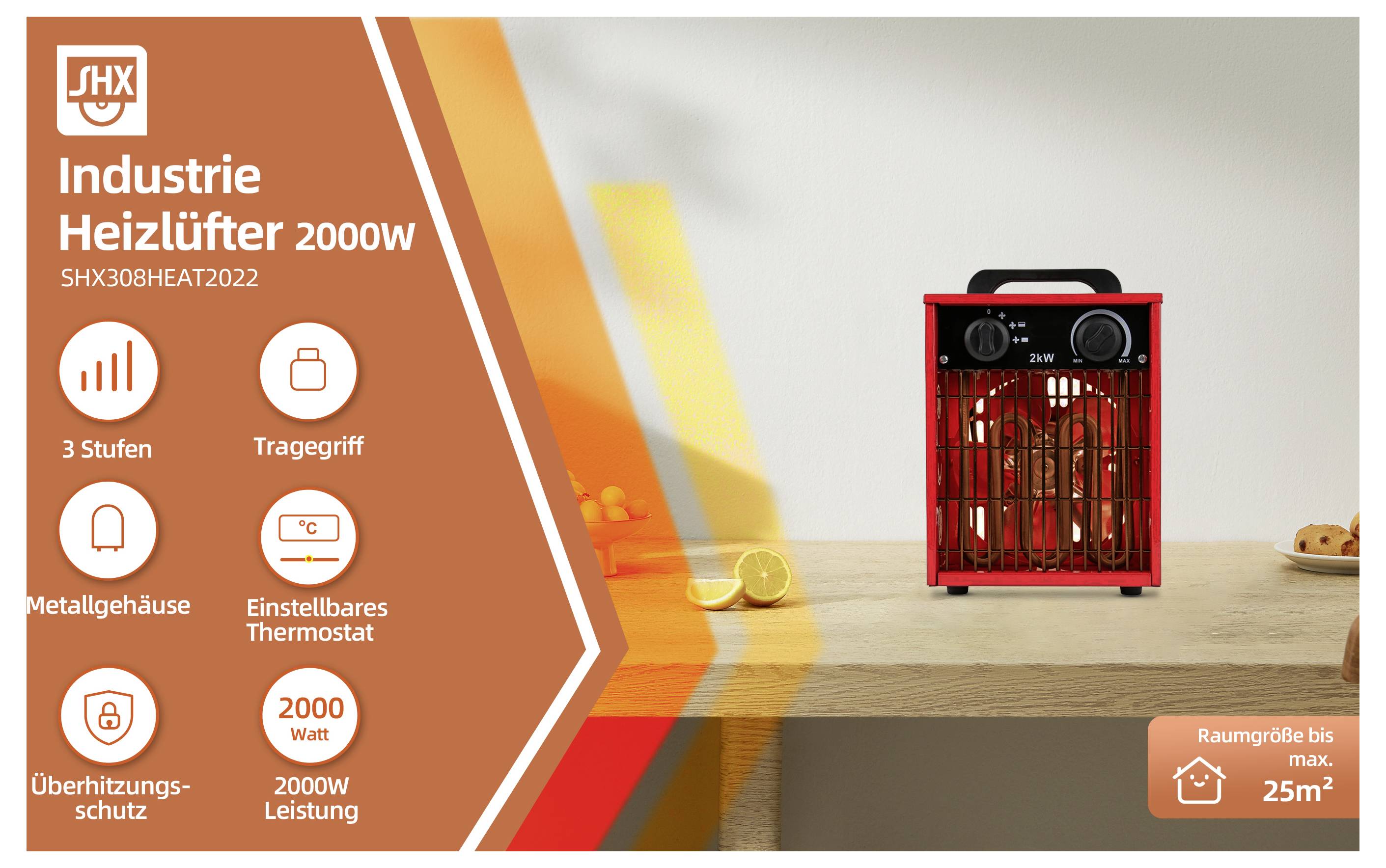 Chauffage soufflant industriel de 2000W avec un boîtier métallique rouge posé sur une surface en bois ; caractéristiques comprenant 3 vitesses, poignée de transport, thermostat réglable et protection contre la surchauffe pour une zone de 25m².