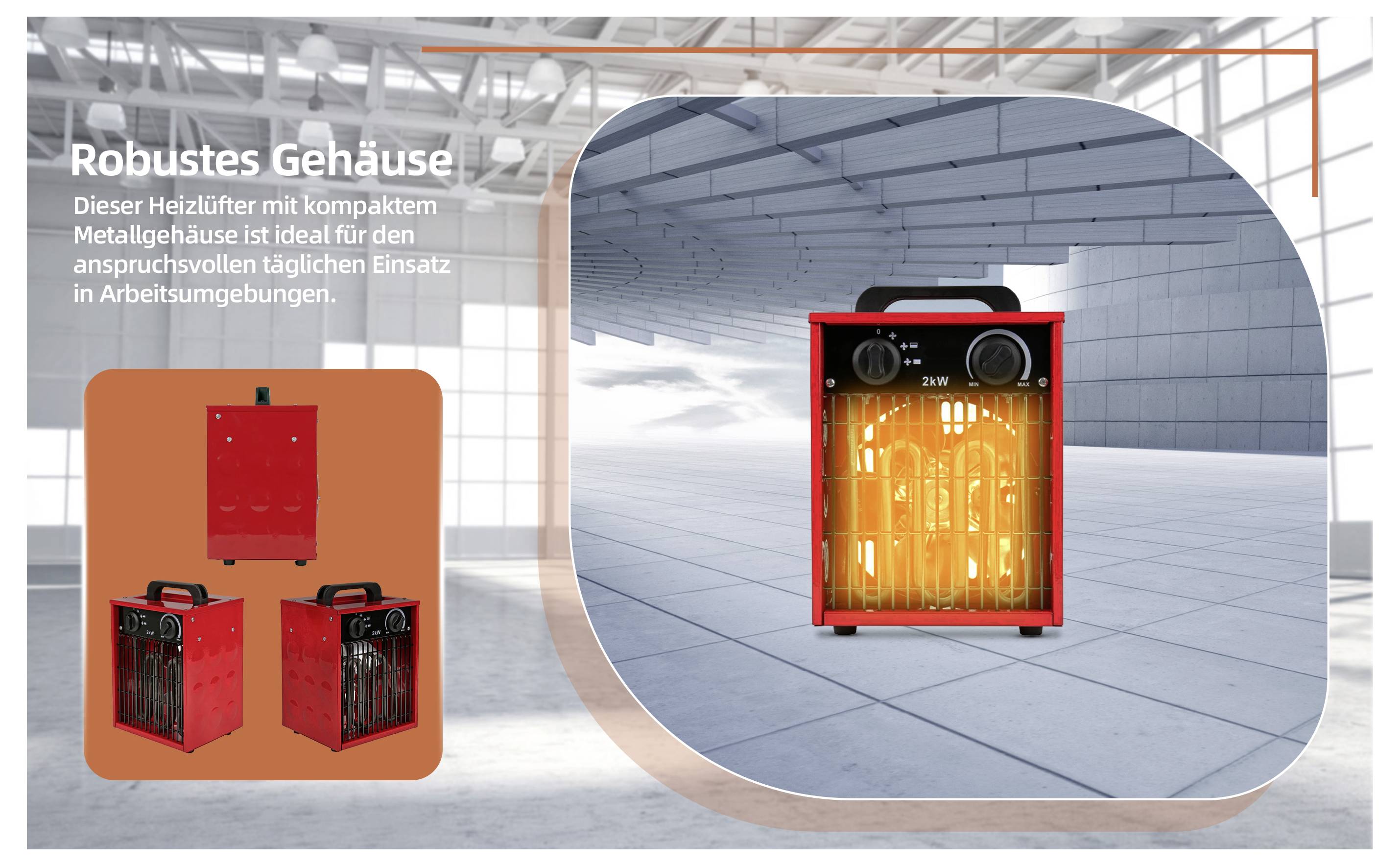 Chauffage 'Robustes Gehäuse' rouge avec un design métallique compact, adapté à une utilisation quotidienne exigeante en milieu de travail. Le chauffage est présenté dans un grand espace industriel.