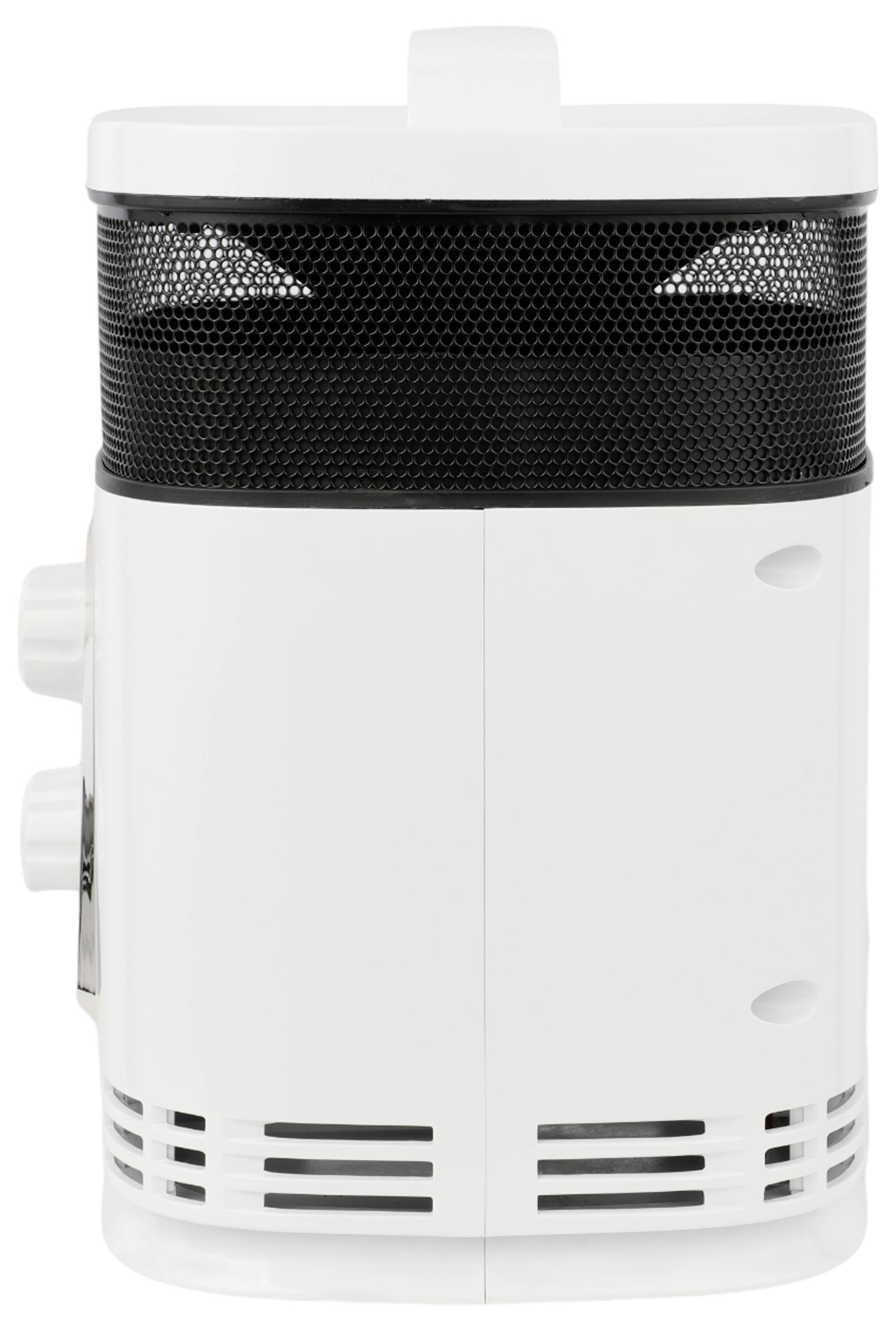 Un haut-parleur blanc cylindrique avec un maillage noir près du sommet et des boutons de contrôle sur le côté, placé sur un fond blanc.