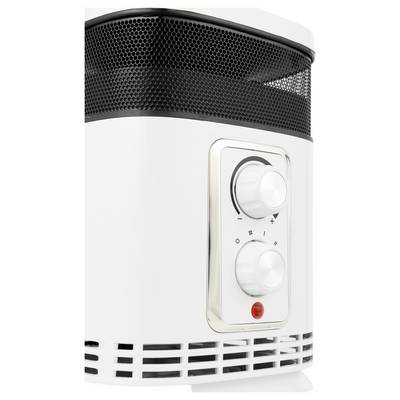 Un radiateur électrique blanc et noir avec deux boutons de réglage pour ajuster la température et un interrupteur marche/arrêt sur le panneau avant.