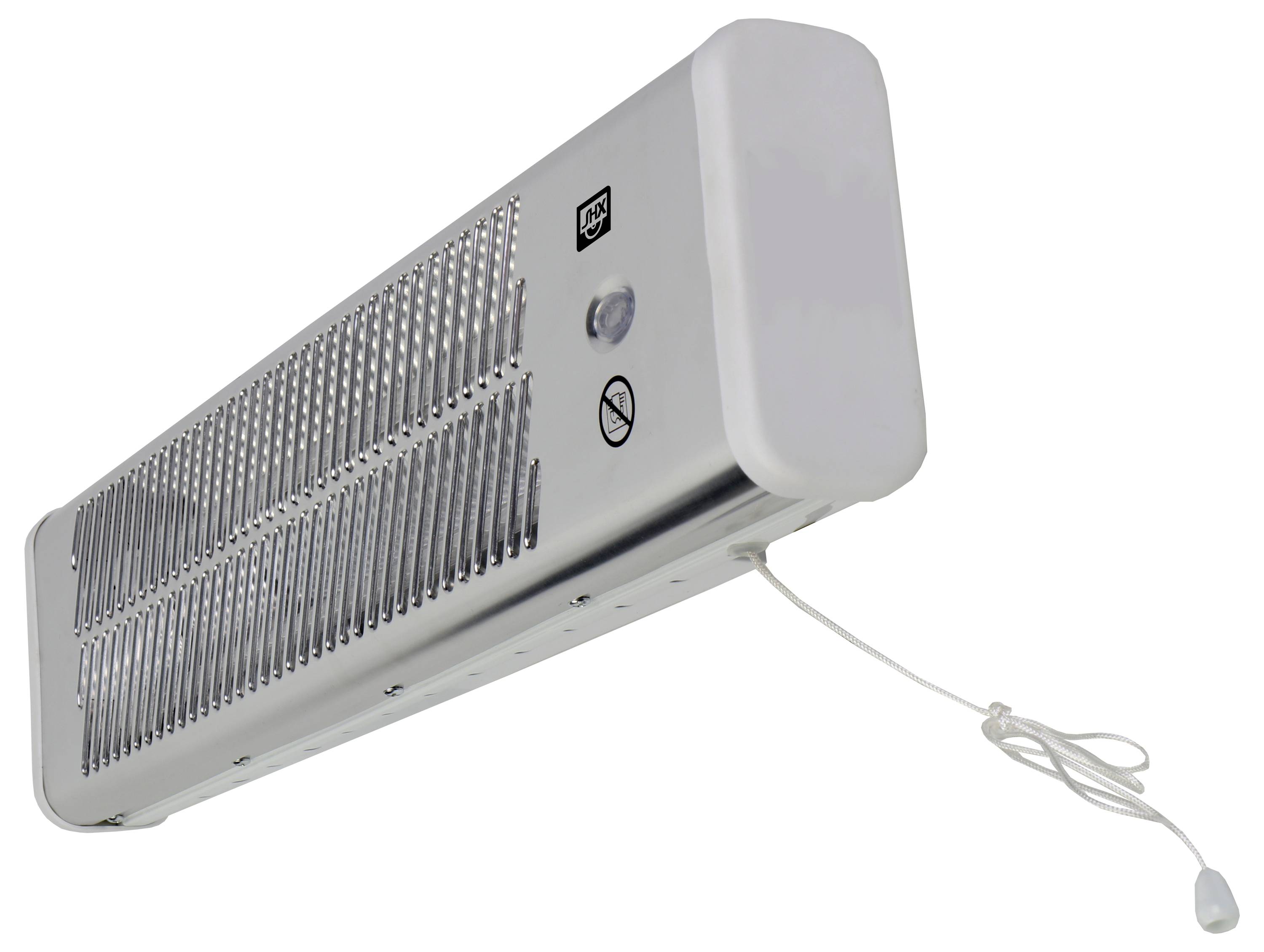 Un radiateur électrique blanc avec une grille, équipé d'un interrupteur à cordelette sur le côté droit pour la mise en marche.