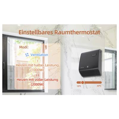 Thermostat de chambre réglable avec modes : 'Ventilation', 'Chauffage mi-puissance (1000W)', 'Chauffage pleine puissance (2000W)'. Plage de température : 10°C à 49°C.