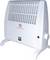 Radiateur électrique blanc portable avec un bouton de réglage sur le côté et un voyant rouge. Le texte sur le panneau avant indique « NE PAS COUVRIR ».