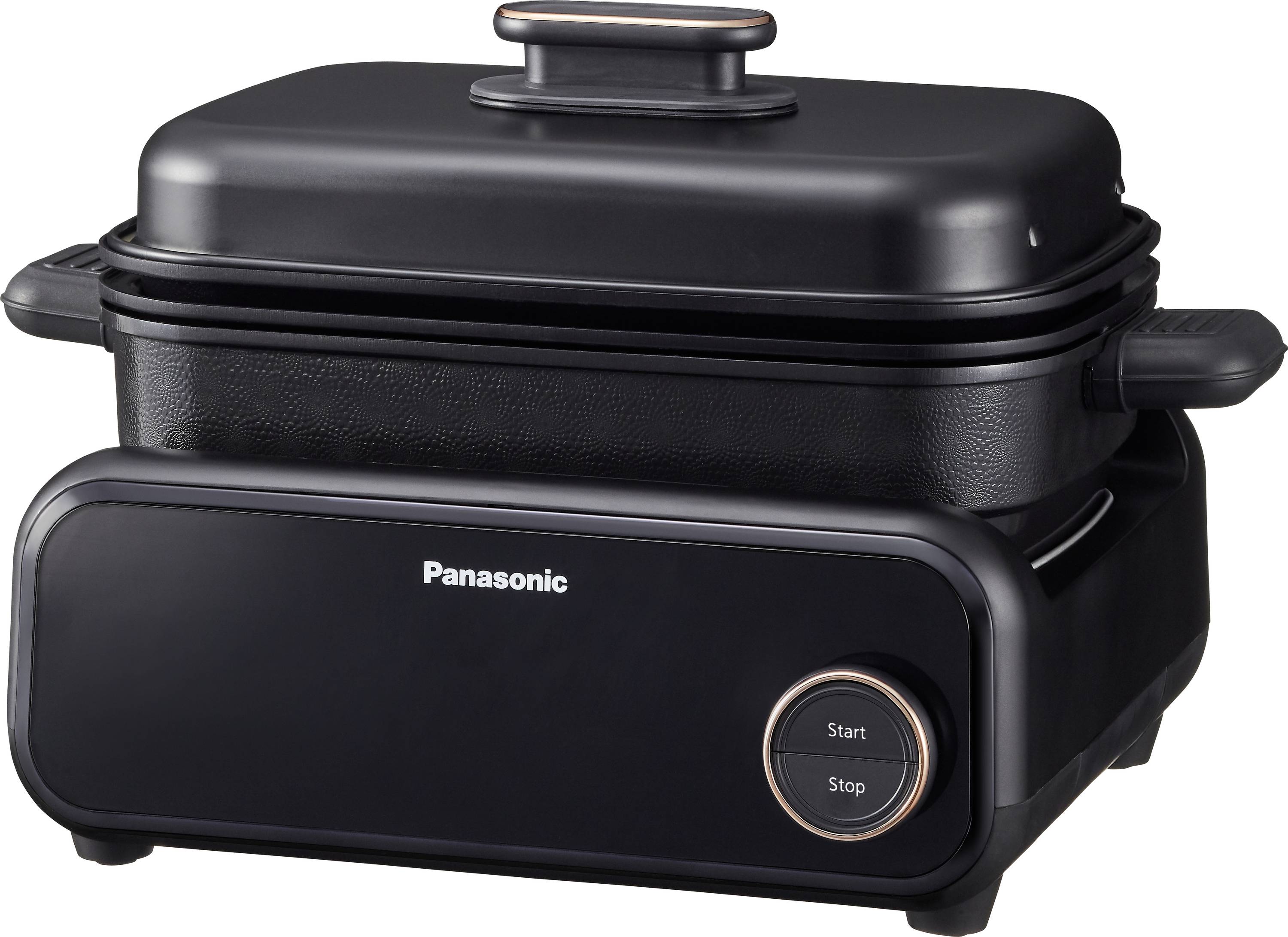 Un appareil de cuisson multifonctionnel Panasonic élégant et noir, doté d'un bouton 'Démarrer' et 'Arrêter' sur l'avant, avec un couvercle amovible.