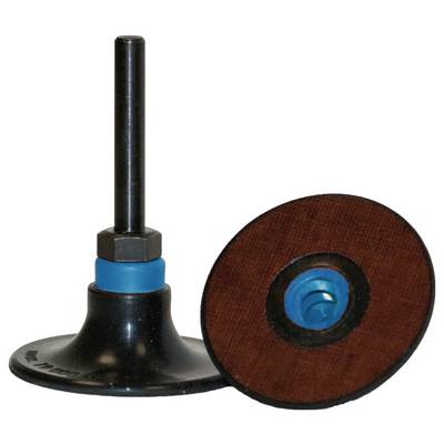 Un outil de disque de ponçage avec un support et un disque abrasif séparé. Le support présente un axe central et un anneau de verrouillage bleu.