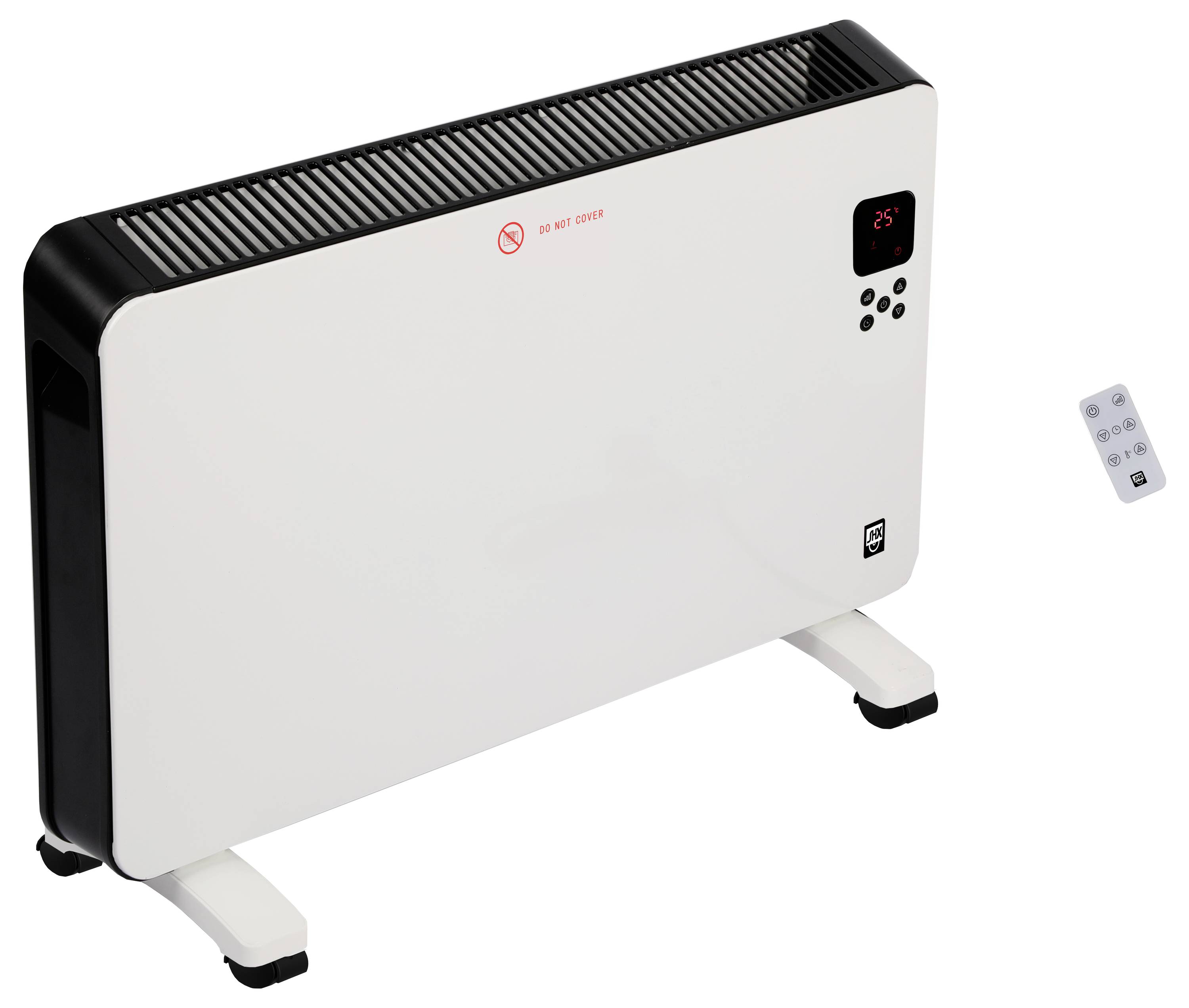 Un radiateur électrique blanc à convection, avec des commandes numériques, affichant '25°', et une télécommande.