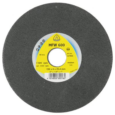 Une meule de rectification circulaire étiquetée 'MFW 600', 150 x 6 x 25,4 mm, vitesse max de 7500 tr/min, pour applications de coupe, avec une surface de grain texturée.