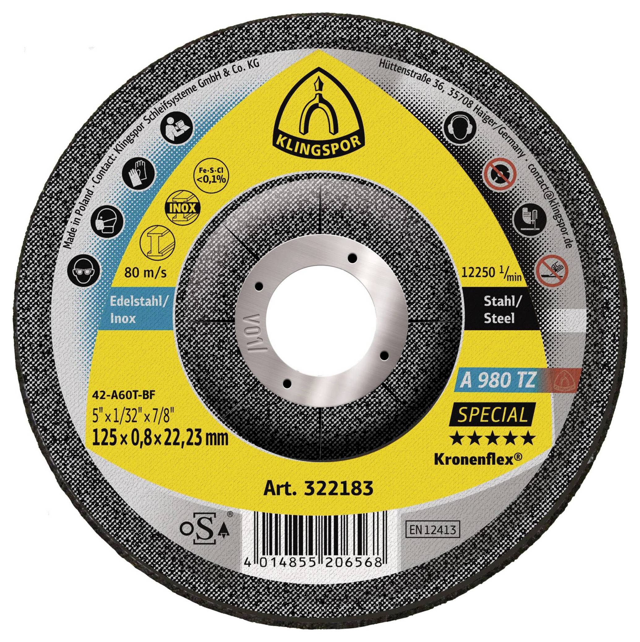 Disque de coupe 'Klingspor A 980 TZ Special' pour métal, diamètre 125 mm, vitesse maximale 80 m/s, pour acier inoxydable et métaux, réf. 322183.