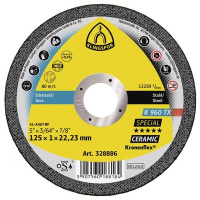 Disque de coupe 'Klingspor K 960 TX' pour acier inoxydable et acier, diamètre 125 mm, vitesse 80 m/s, avec caractéristique céramique, Réf. 328886.