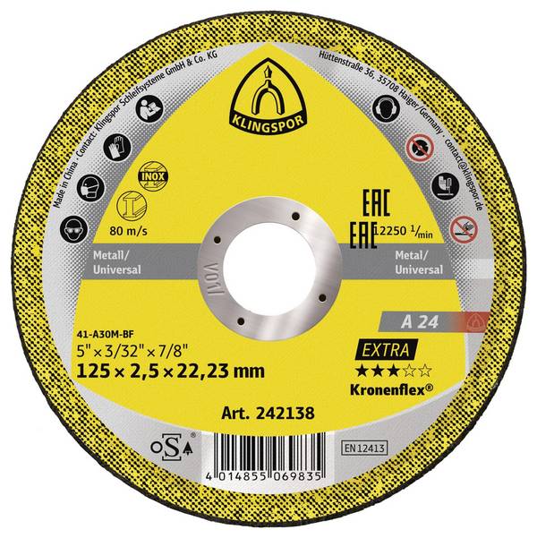 Klingspor A 24 Extra 242138 Disque à tronçonner 125 mm 25 pc(s) métal