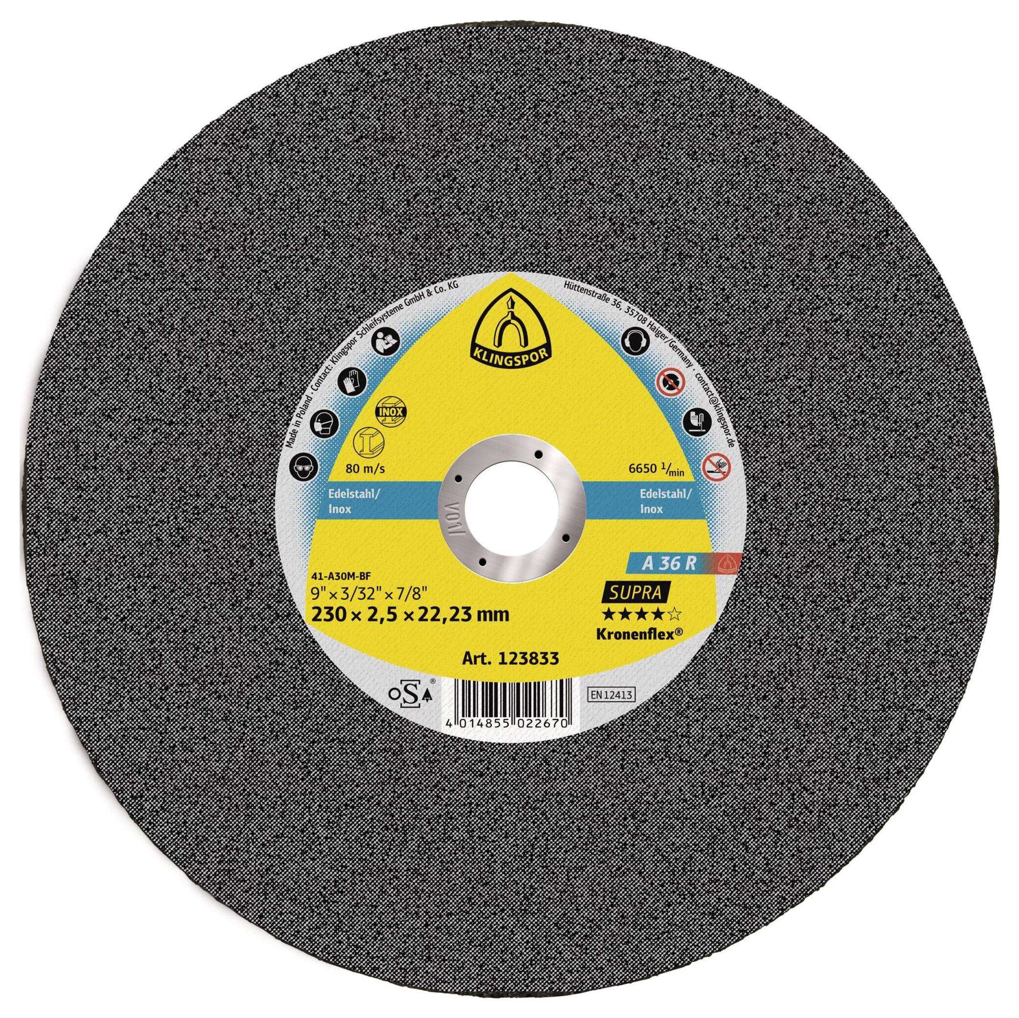 Klingspor A 36 R Supra 123833 Disque à tronçonner 230 mm 25 pc(s) acier inoxydable-0