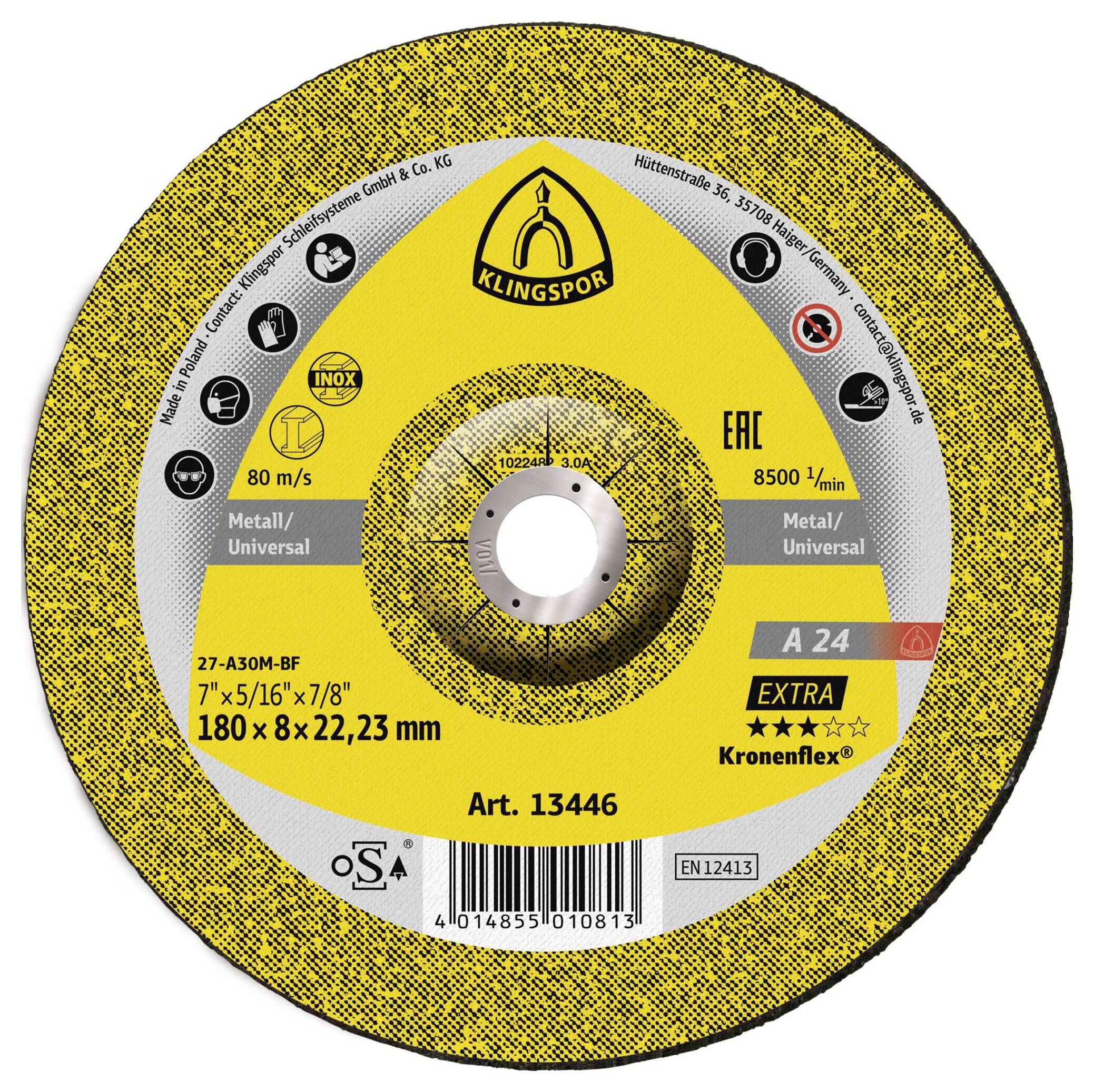 Un disque abrasif jaune étiqueté 'Klingspor' pour utilisation sur métal/usage universel, type A24, taille 180 x 22,23 mm, vitesse maximale 8500 tr/min.