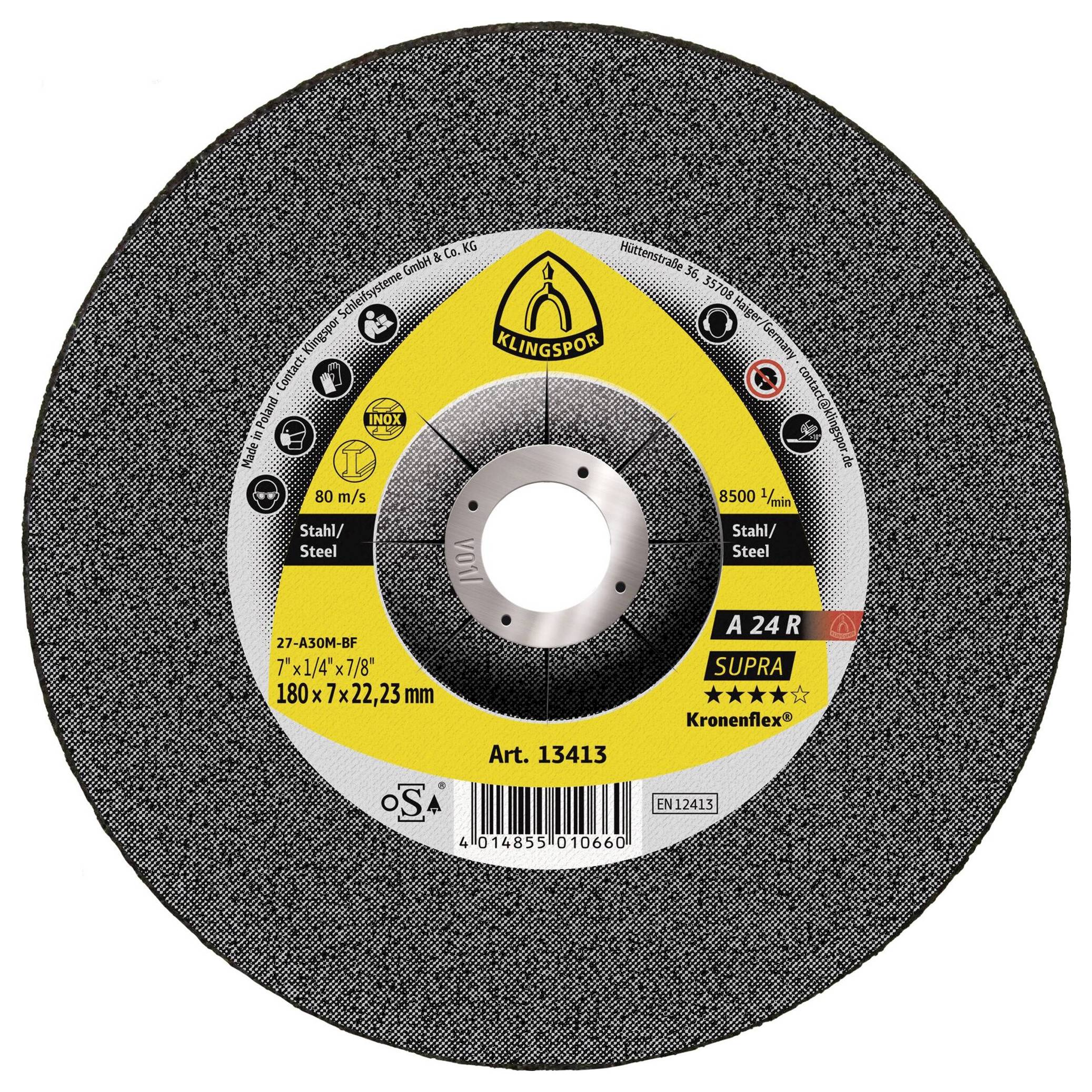 Disque à meuler étiqueté 'Klingspor Supra A 24 R'. Adapté pour le métal et l'acier. Vitesse maximale 80 m/s, 8500 tr/min. Dimensions : 180x7x22,23 mm.
