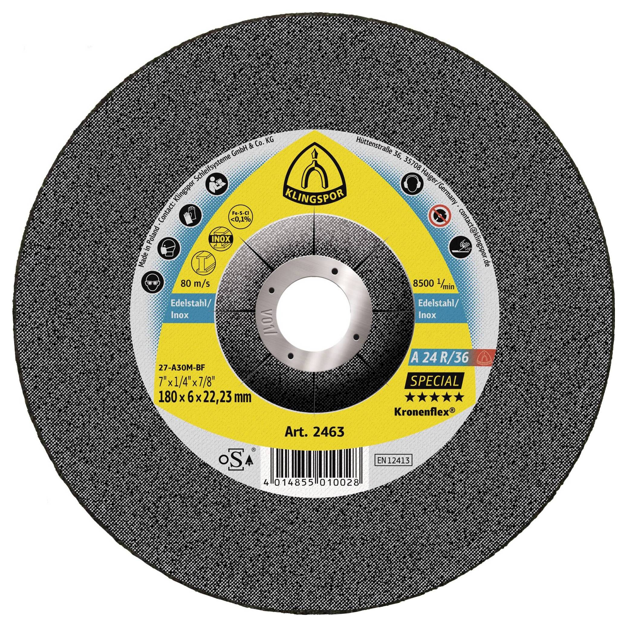 Un disque de meulage rond avec une surface texturée noire. L'étiquette centrale affiche la marque et les détails techniques, notamment la taille et la classe de vitesse.
