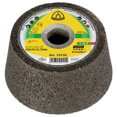 Une meule conique étiquetée 'Kronenflex' et 'C 30 R', conçue pour l'utilisation sur pierre avec les spécifications : 110x55x22,23mm.