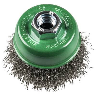 Une brosse métallique circulaire à manche, avec une base verte et des poils métalliques, utilisée pour le nettoyage ou la préparation de surfaces avec des outils électroportatifs.