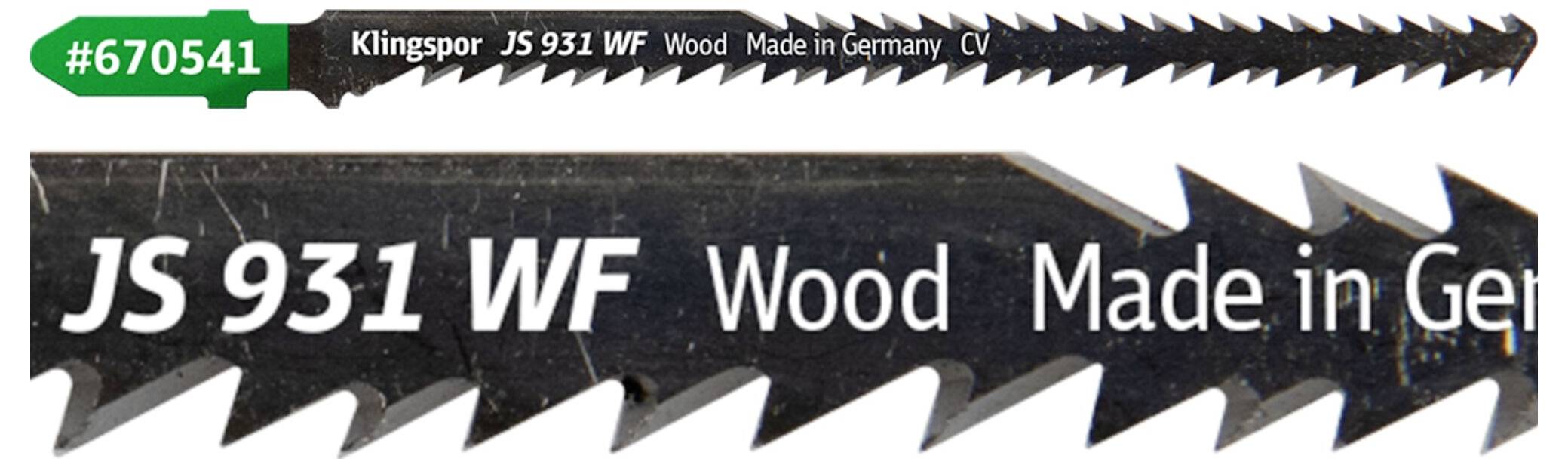 Une lame de scie sauteuse Klingspor étiquetée « JS 931 WF Wood Made in Germany CV », numéro de référence « #670541 », présentée en gros plan détaillé.